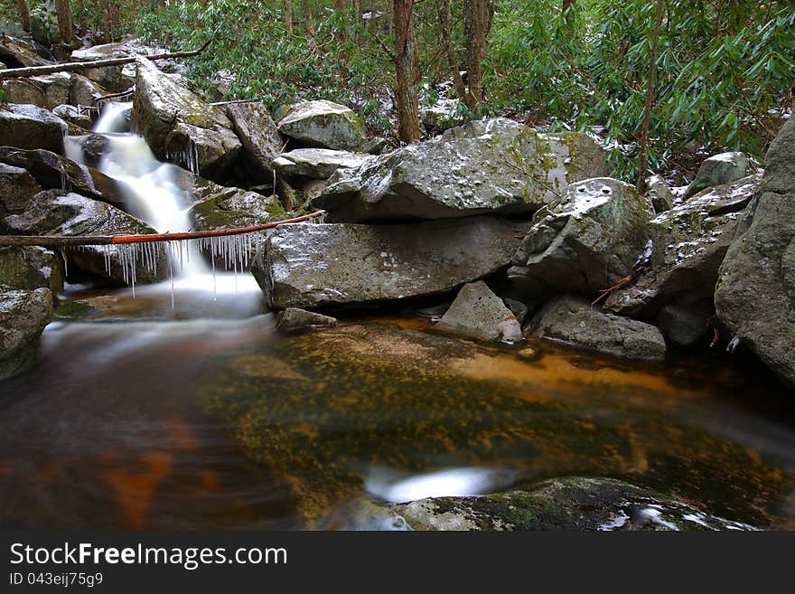 Waterfalls in the mountains in winter