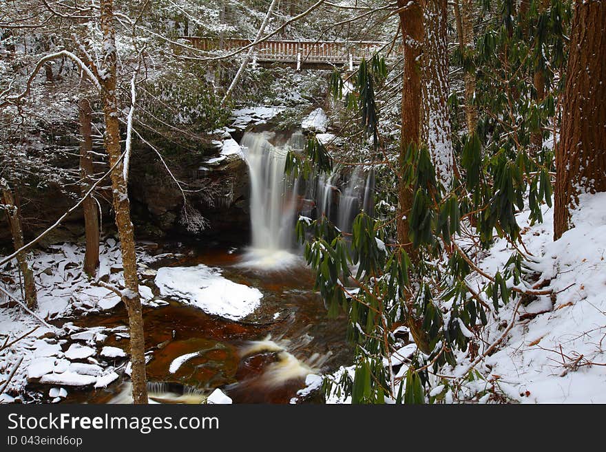 Waterfalls in the mountains in winter with silky flow