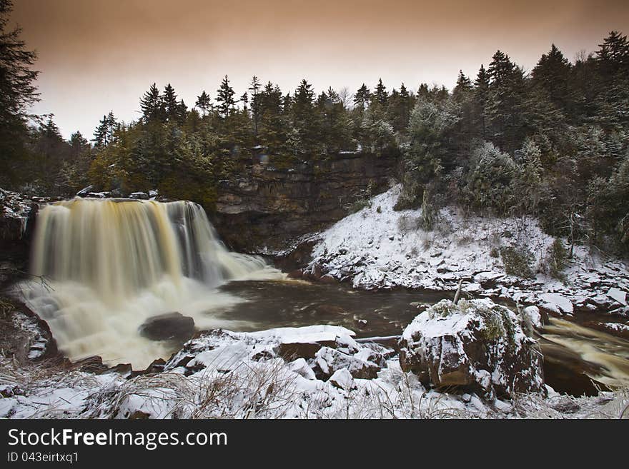 Waterfalls in the mountains in winter