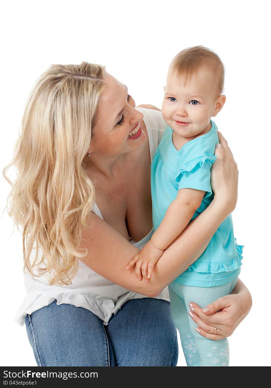 Loving mother and her child on white background