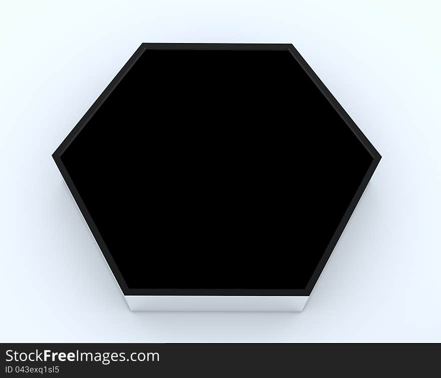 One blank black hexagon box display new design aluminum frame template for design work, on white background.