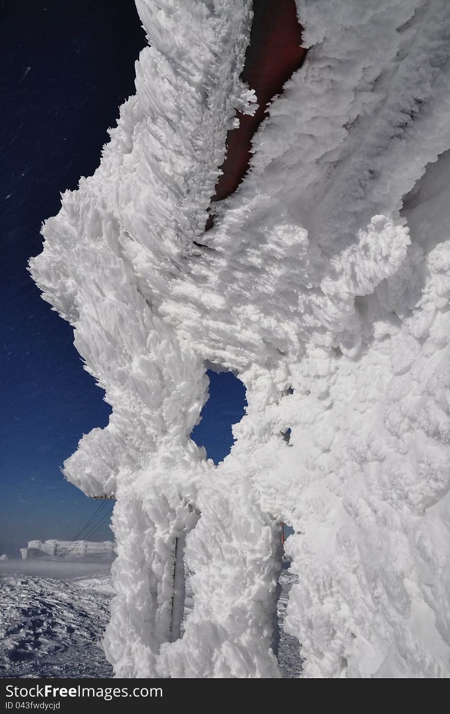 Ice crystals, frozen house at winter