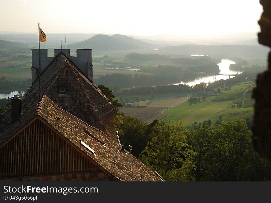 The river High Rhine flows in the vicinity of Stein am Rhein to the west. The picturesque environs are photographed from the medieval castle. The river High Rhine flows in the vicinity of Stein am Rhein to the west. The picturesque environs are photographed from the medieval castle.