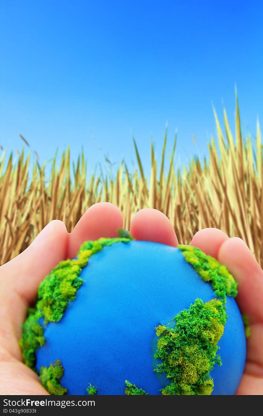 Hands and Earth on dry hay background