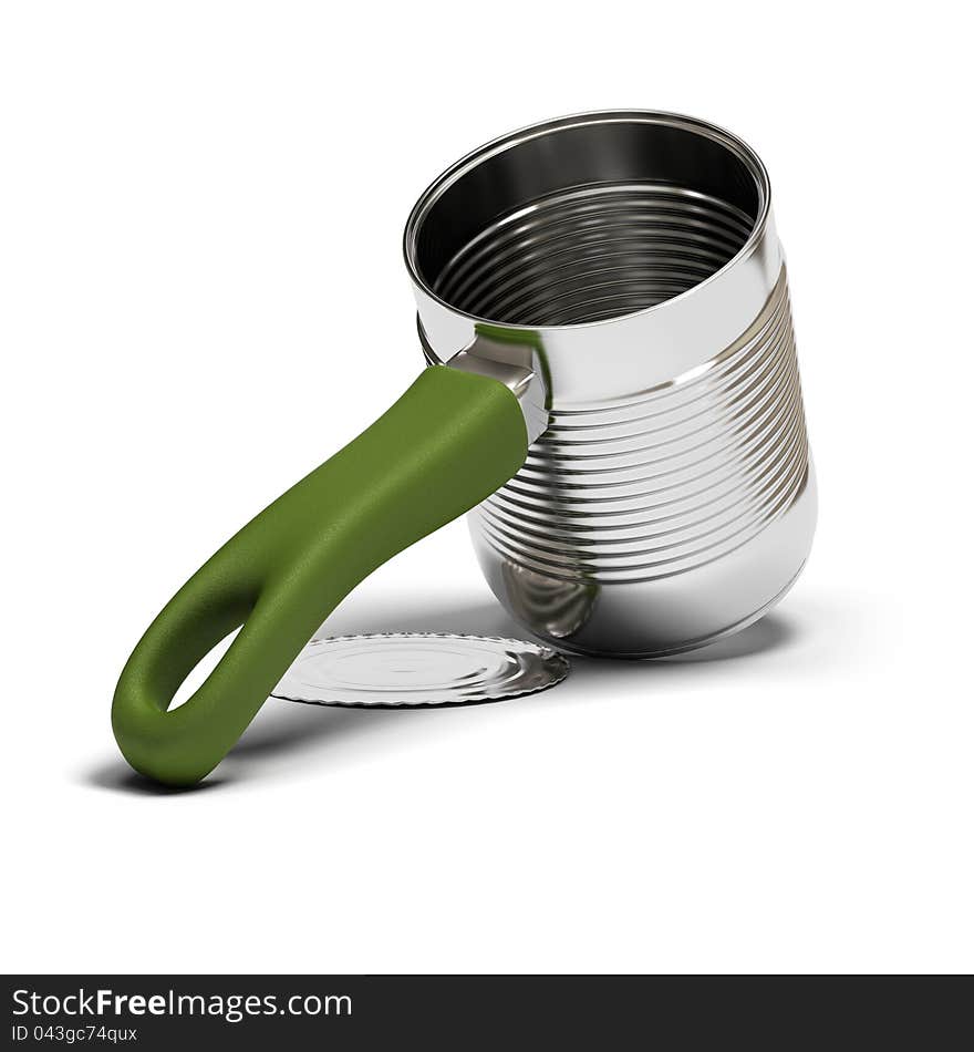 One food tin and green handle over white background. One food tin and green handle over white background