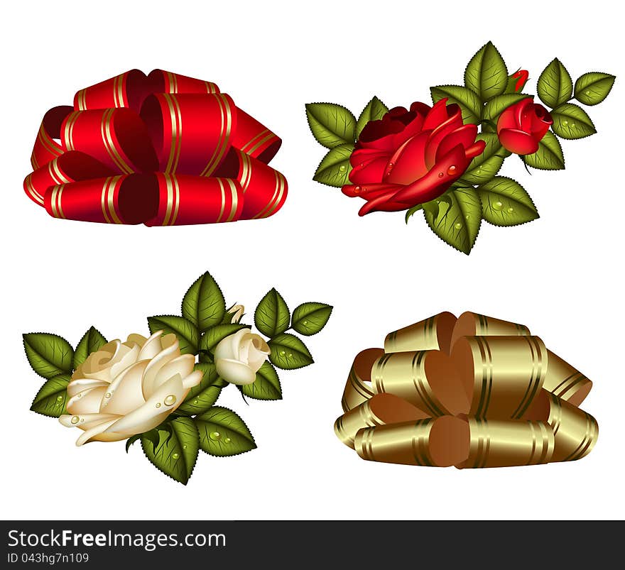 Set of red and gold bows and roses. Set of red and gold bows and roses