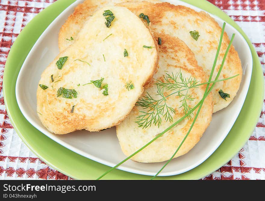 French toast, fried with egg and greens