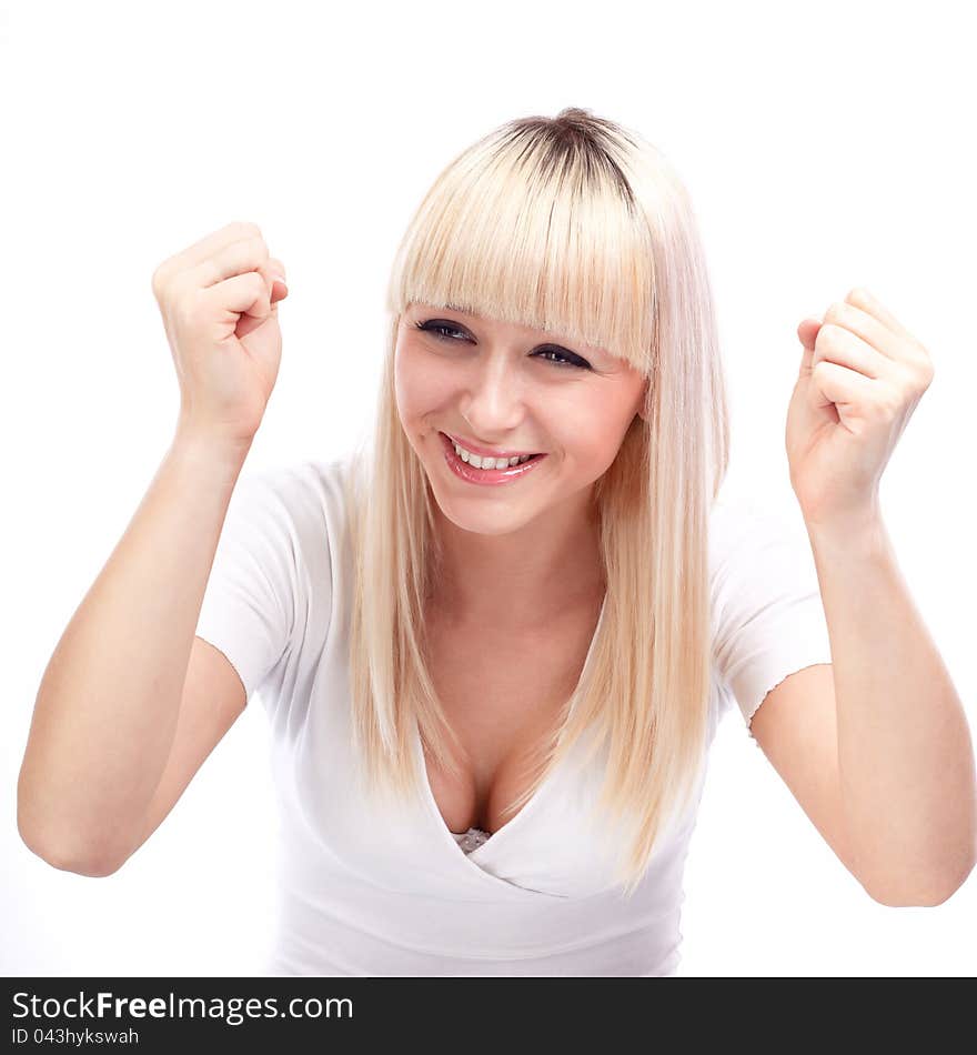 Portrait of excited young woman on white background. Portrait of excited young woman on white background