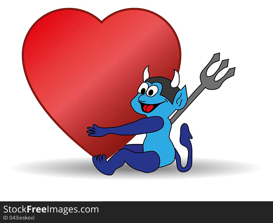 Small blue devil holding a Valentine heart