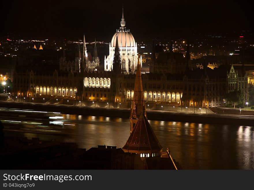 The parliament building at night in Budapest, Hungary