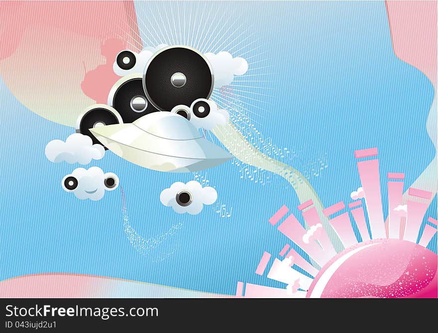 Abstract music background ufo equalizer speaker clouds notes silhouette