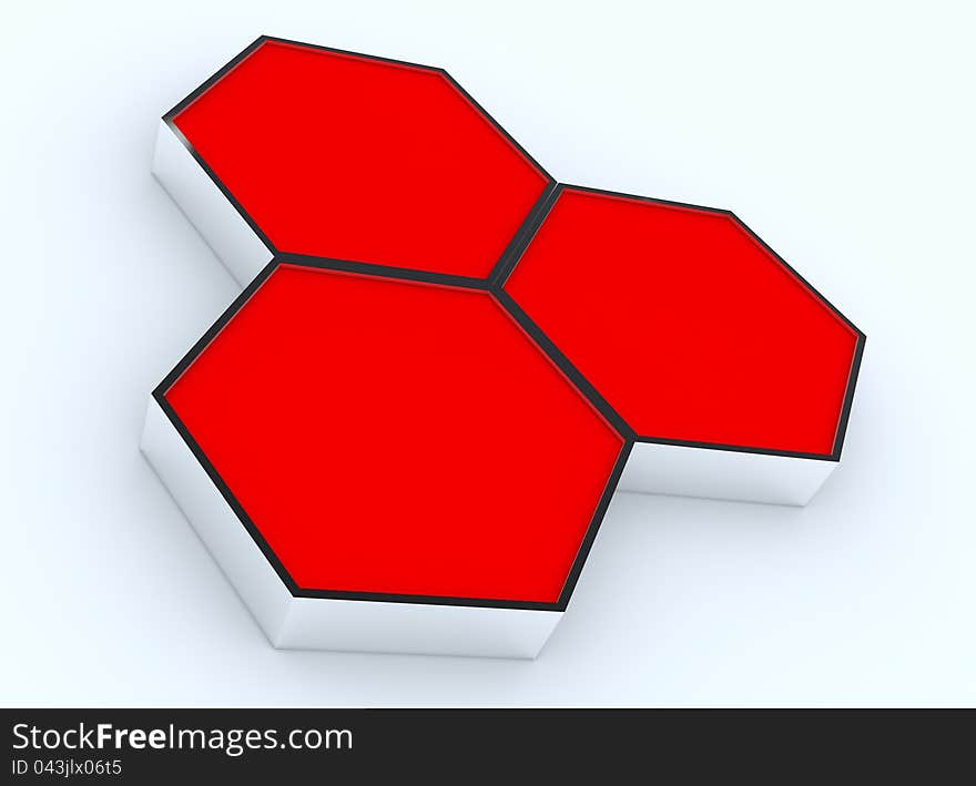 Three blank red hexagon box display new design aluminum frame template for design work, on white background.