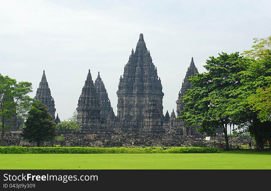 Ruin of Prambanan with tree framing. Ruin of Prambanan with tree framing