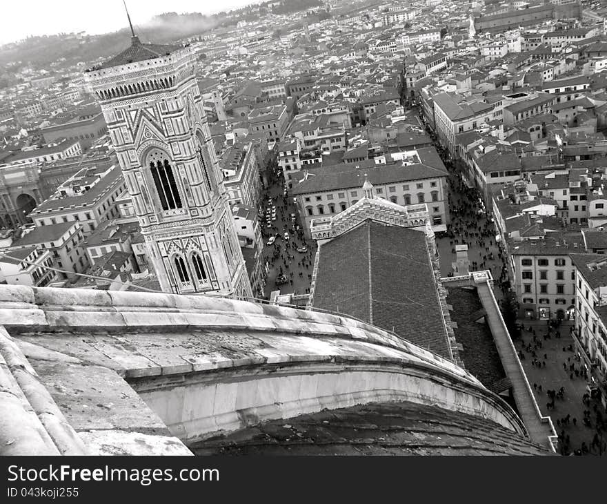 Panorama view of the Giottos bell tower and the city of Florence from the top of the Brunelleschis dome. Panorama view of the Giottos bell tower and the city of Florence from the top of the Brunelleschis dome