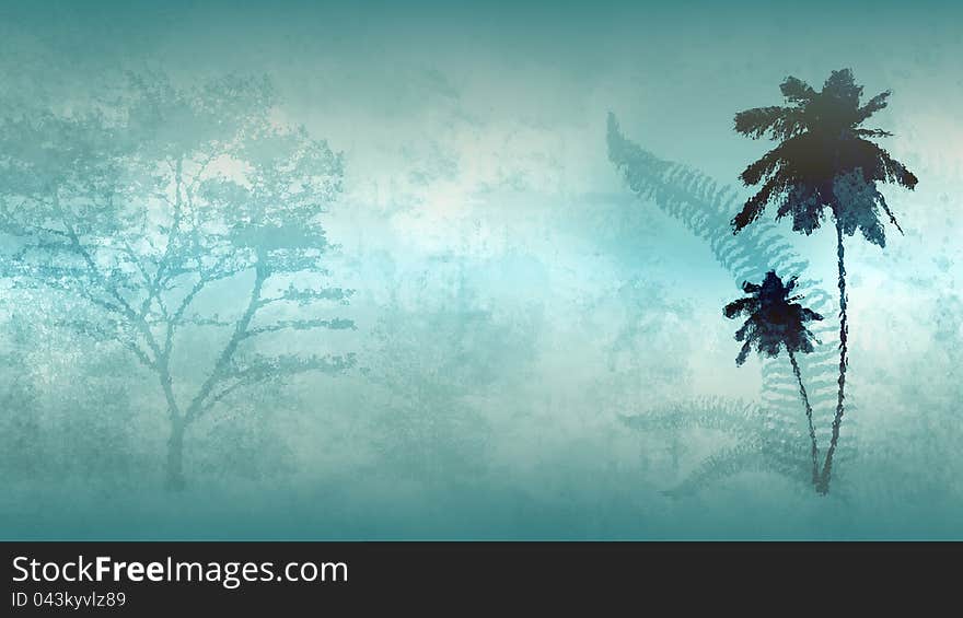 Tropical forest silhouette in fog