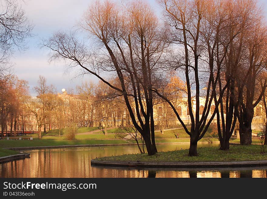 Trees in sunlight near water. The place is Jusuposky garden. Trees in sunlight near water. The place is Jusuposky garden.