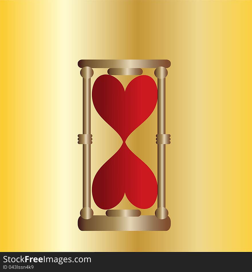 Hourglasses gold with red hearts against background of gold background