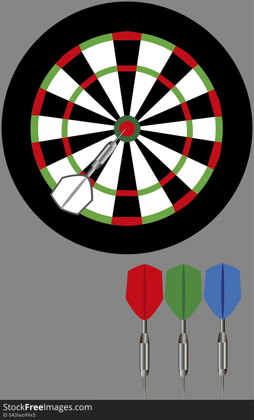 Dart board and darts colored on a gray background