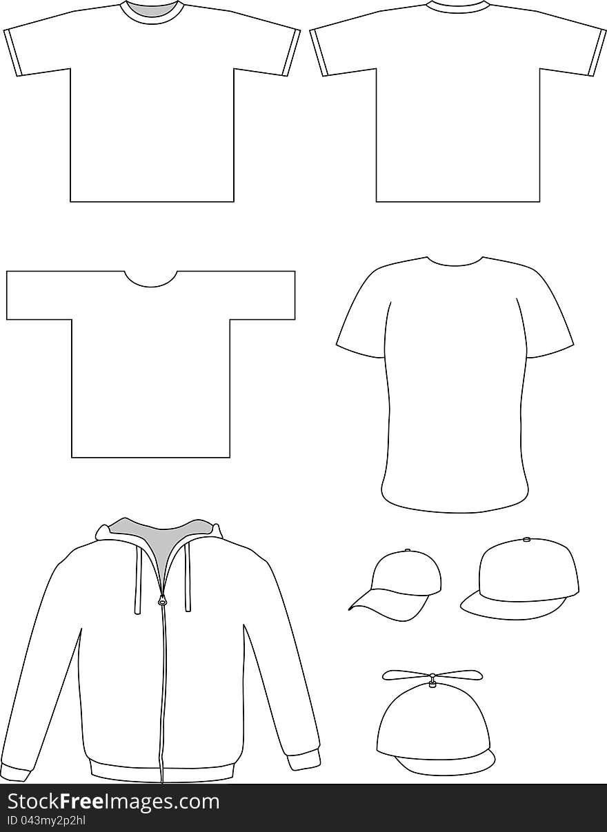 Set of 7 blank clothes - 3 t-shirts (one with front and back), a hoodie and 3 caps - baseball, hip hop and geek cap.