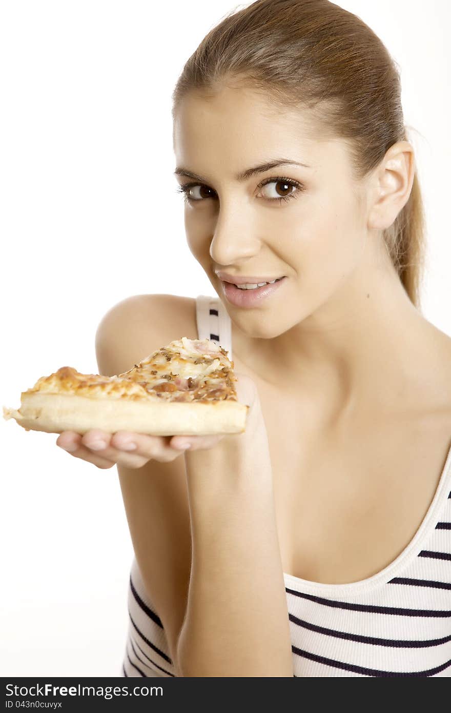 Young beautiful woman eat pizza