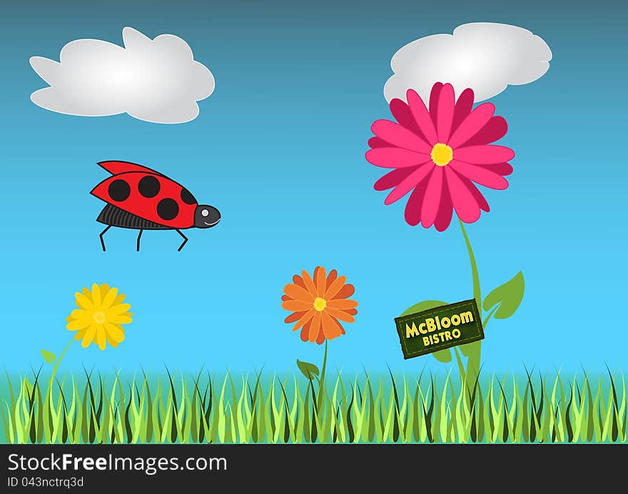 Flying ladybeetle to the bistro on a meadow. Flying ladybeetle to the bistro on a meadow