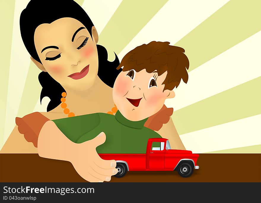 Mother looking at her son playing with a truck toy, vector format. Mother looking at her son playing with a truck toy, vector format