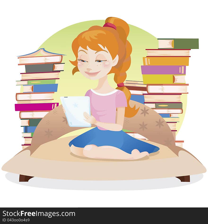 Schoolgirl sitting on a sofa and reading electronic book, which has replaced her normal set of books. Schoolgirl sitting on a sofa and reading electronic book, which has replaced her normal set of books