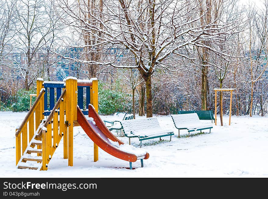 Outdoor playground on a snowy day