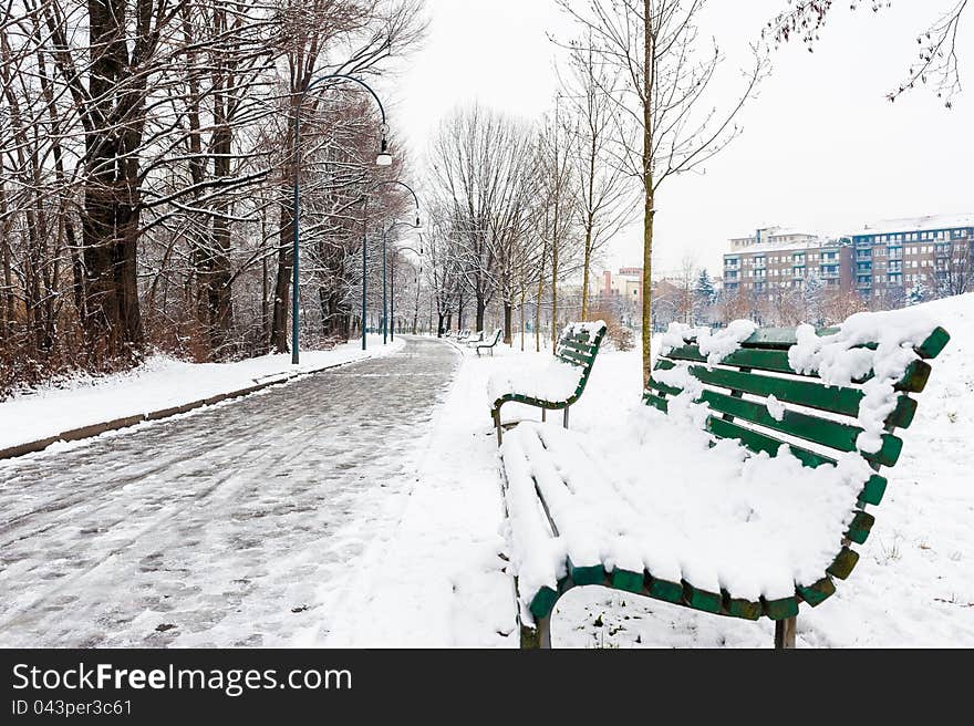 Green benches lined by the road in the park on a snowy day. Green benches lined by the road in the park on a snowy day