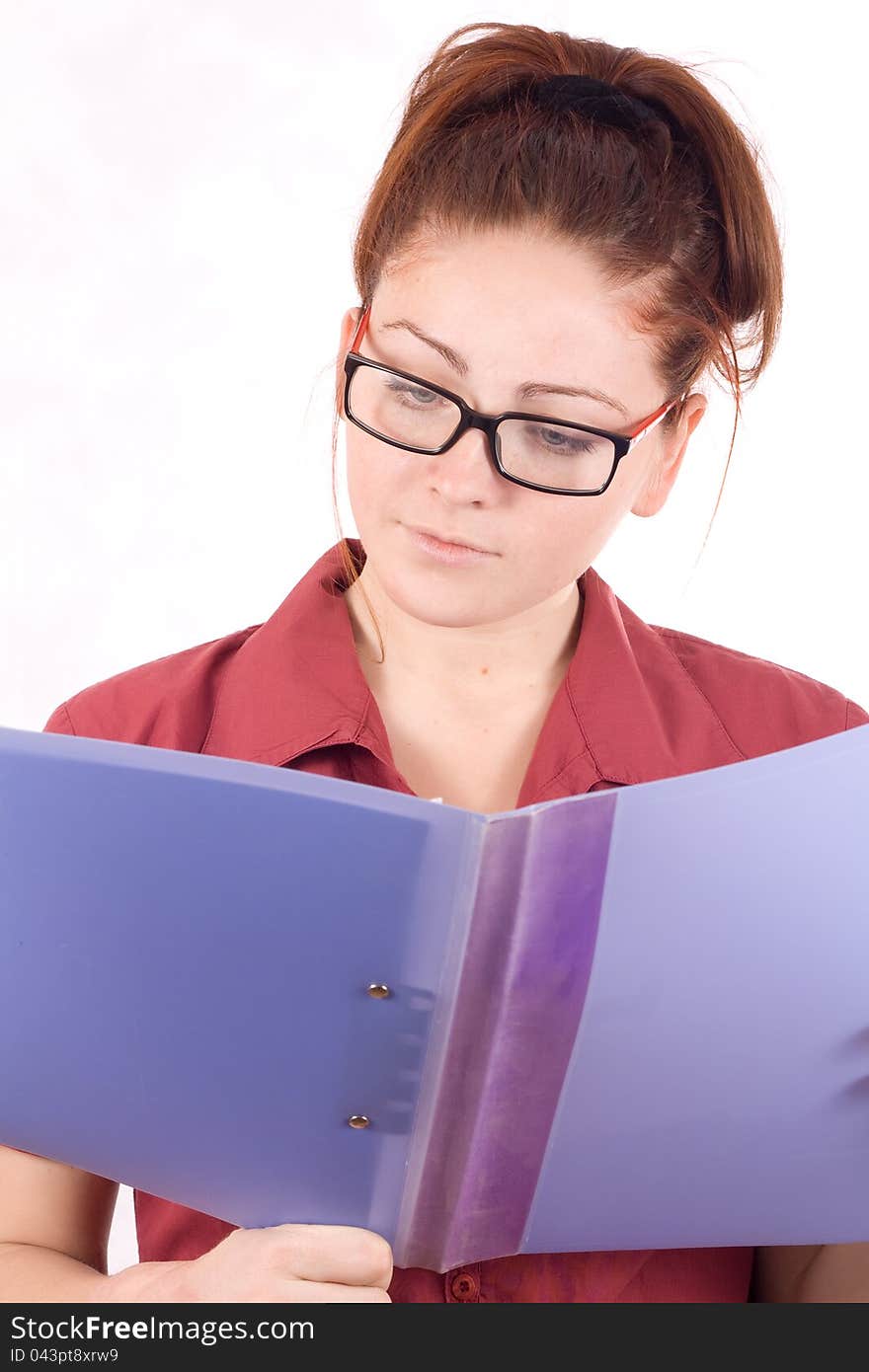 Business woman with folder in hand isolated on white background. Business woman with folder in hand isolated on white background