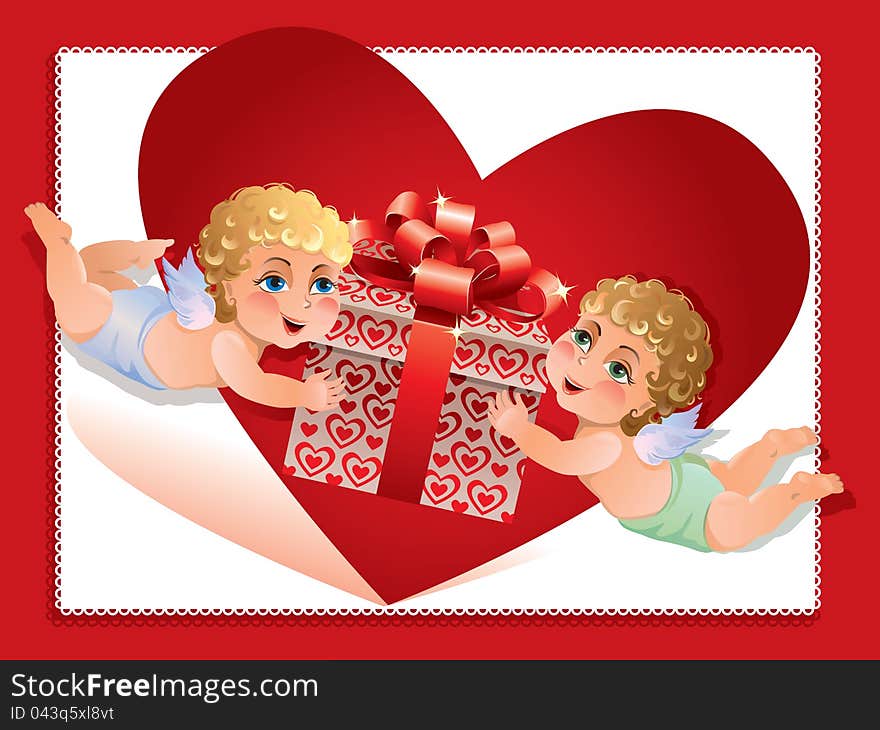 Valentine greeting card with hearts and cupids. Valentine greeting card with hearts and cupids