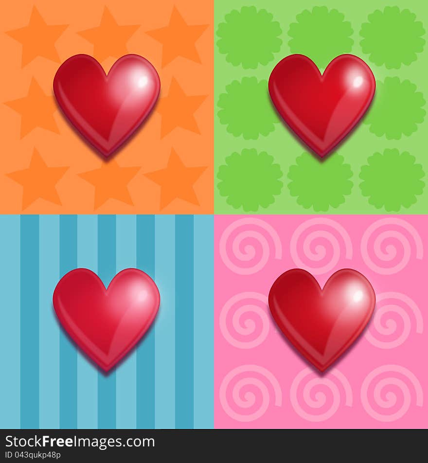 Shiny red hearts on a colourful background. Shiny red hearts on a colourful background