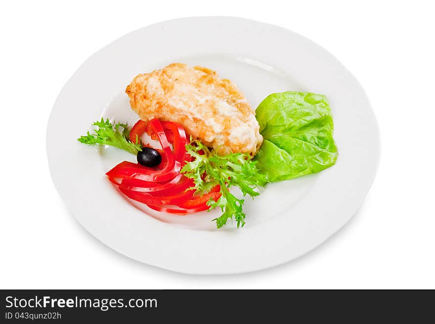 Dish, fried chicken fillet with bell pepper on white plate  on white