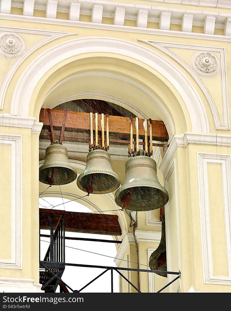 Three bells in the belfry in anticipation of service. Three bells in the belfry in anticipation of service