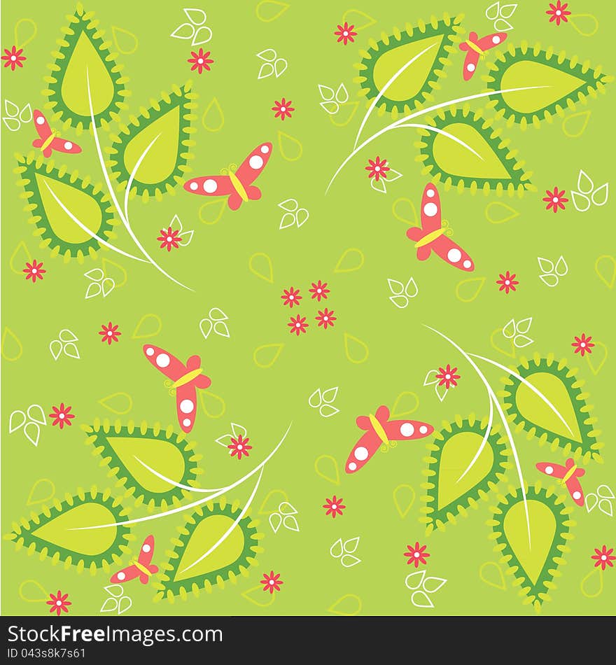 Green spring pattern with leaf and butterfly