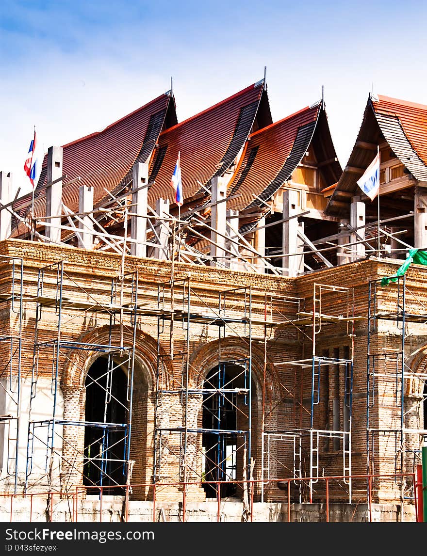 Thai temple construction. Building under construction. Thai temple construction. Building under construction.