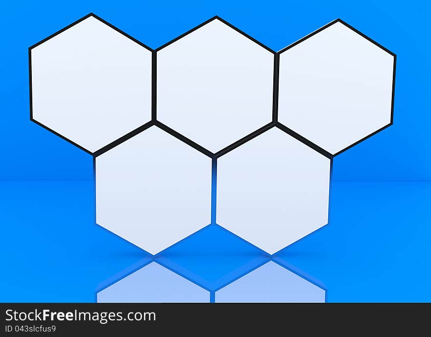 Five blank hexagon box display new design aluminum frame template for design work, on blue background.