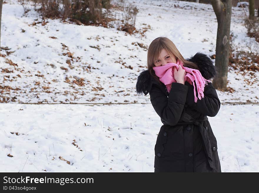 Girl in the park in winter. Girl in the park in winter