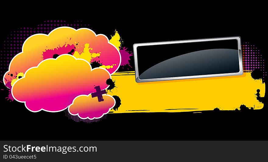 Glossy banner on colorful background with clouds and spots. Space for text. Glossy banner on colorful background with clouds and spots. Space for text