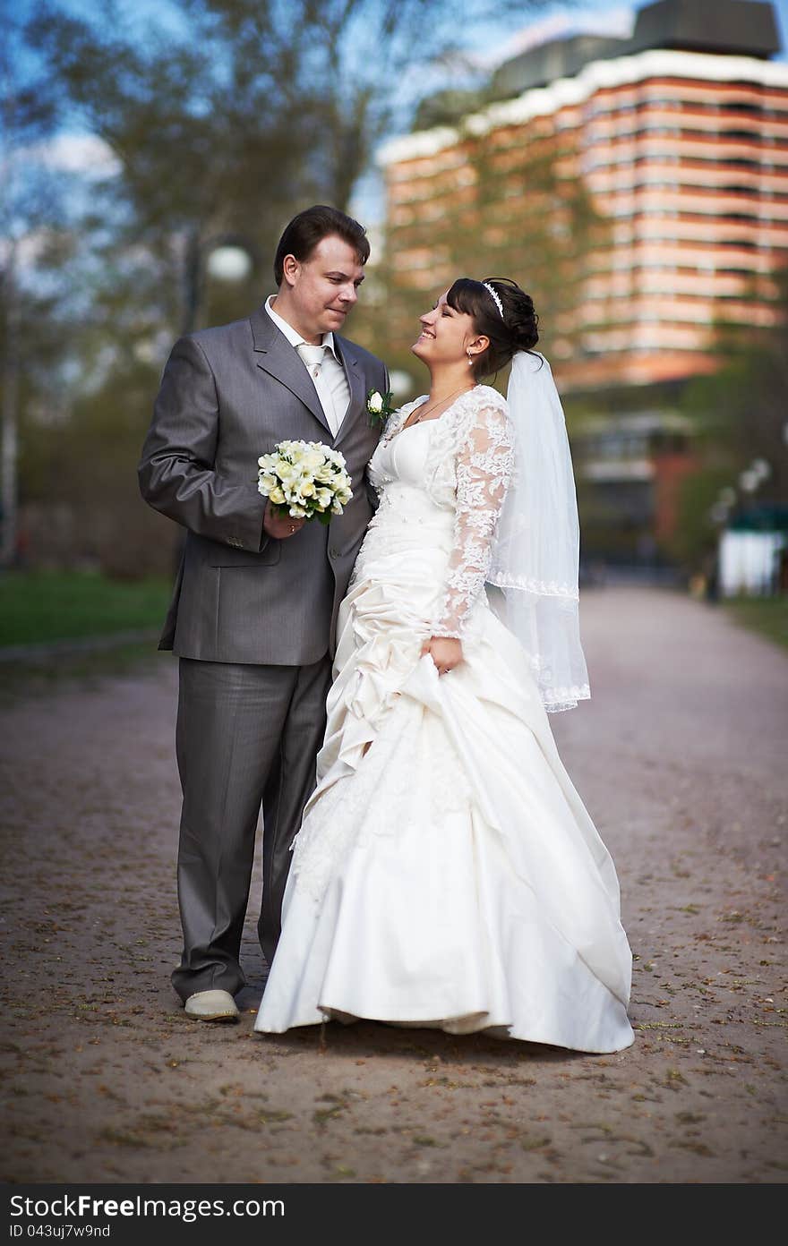 Happy bride and groom at a wedding walk