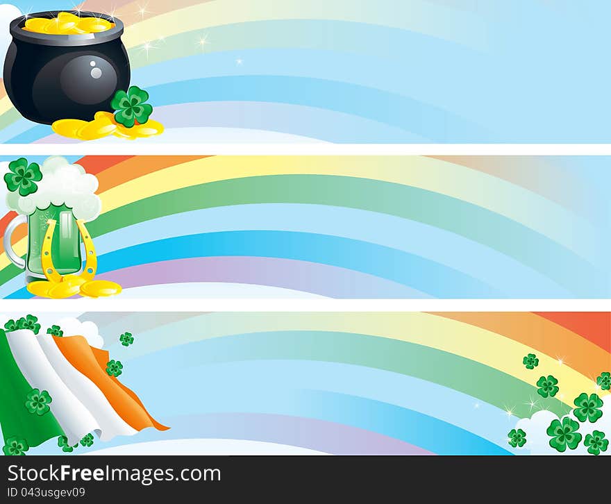 Vector Banners with green beer, clover leaves, pot of gold coins on background with rainbow for St. Patricks Day. Vector Banners with green beer, clover leaves, pot of gold coins on background with rainbow for St. Patricks Day.