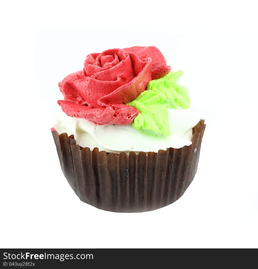 Red rose cup cake on white background. Red rose cup cake on white background