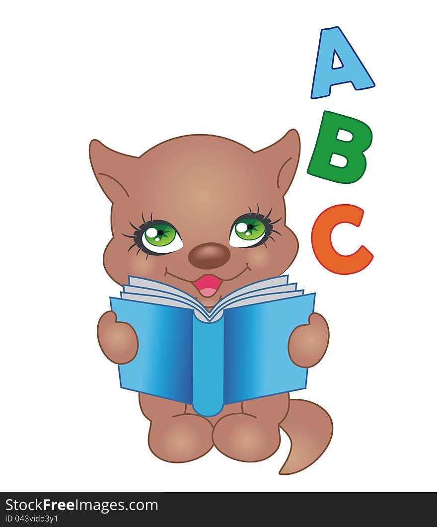 Cartoon happy kitten with book