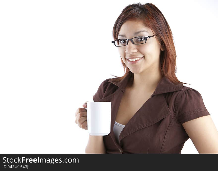 Hispanic Woman Holding a Coffee Mugg