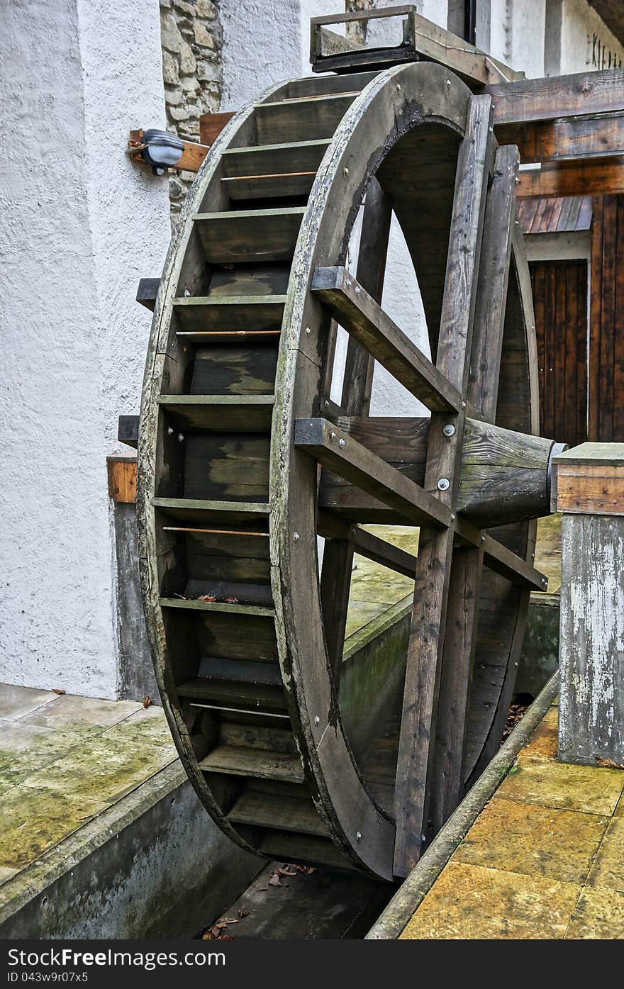 Exhibit of wooden water mill wheel