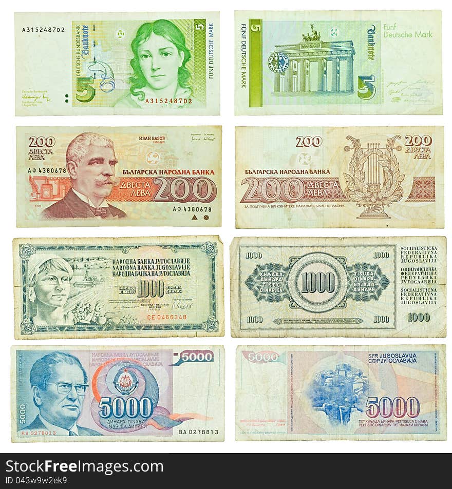 Old banknotes on white background