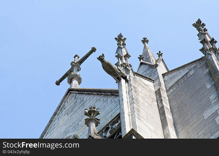 Fragment of wall of basilica with gargoyle  in Troyes, France