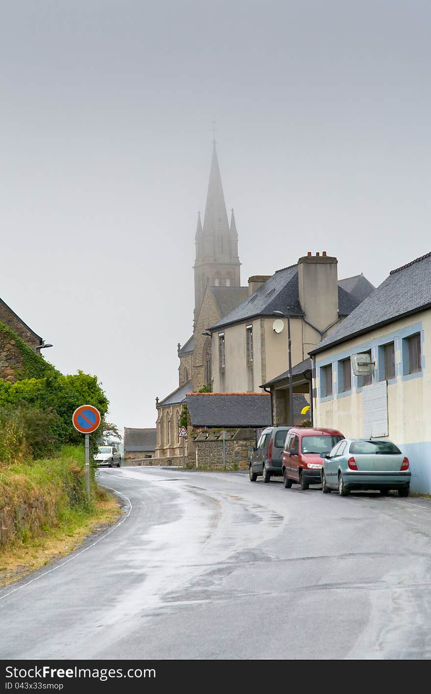 Treguier Cathedral in foggy weather, Brittany, France