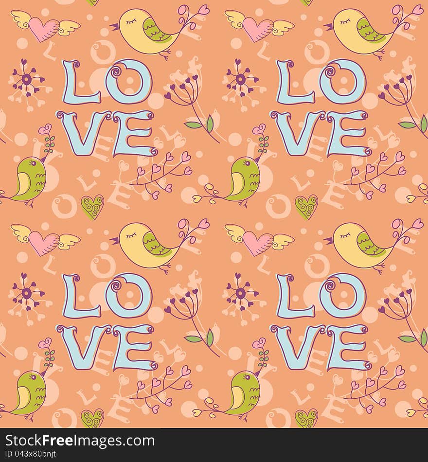 Love seamless texture with flowers and birds