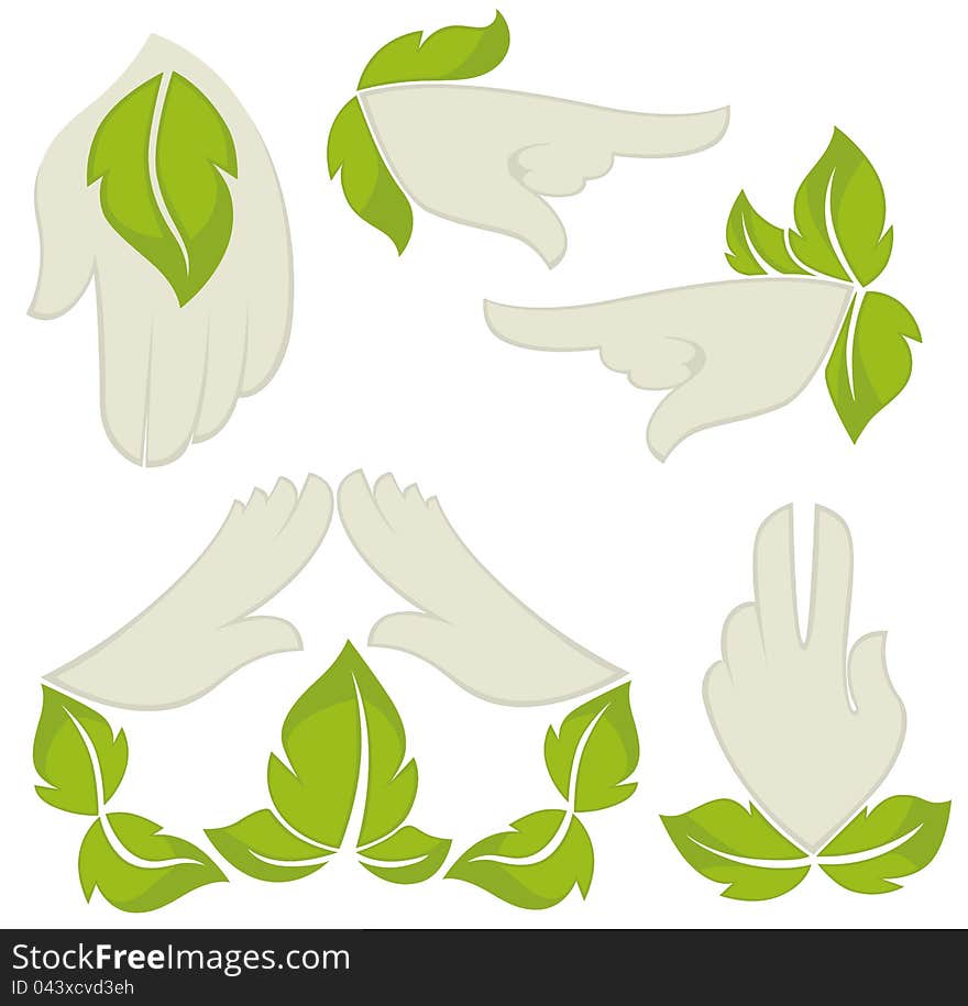 Symbols of human&#x27;s hands and green leaves